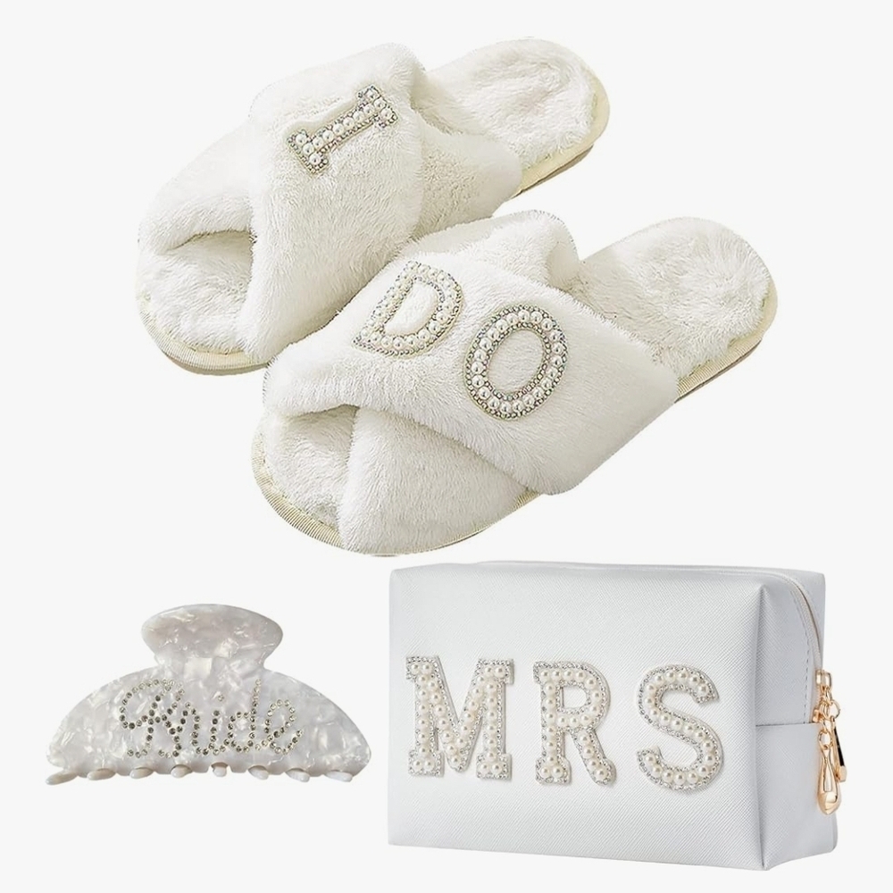 White Bridal Slippers and Accessories Gift Set